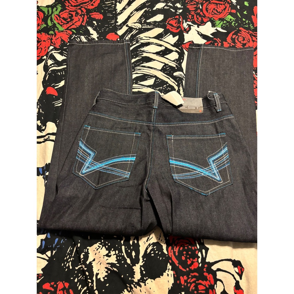 EST. Mens Baggy Wide Leg Jeans Dark Wash Blue Contrast Stitch Y2K 36x32 NWT